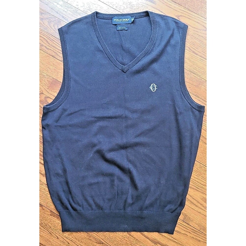 Polo Golf Ralph Lauren Sweater Vest Men Medium Dark Navy Blue Cotton V Neck LOGO